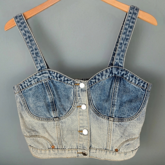 Blank Nyc Call Back Denim Bustier Snap Top Light-Medium Wash Adj Button Strap - Picture 1 of 11
